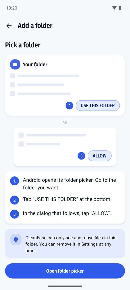Add a folder screen with a three-step guide to Android's folder picker