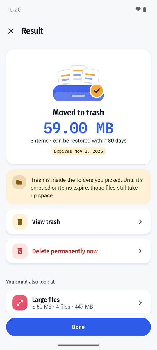 Result screen after moving files to trash