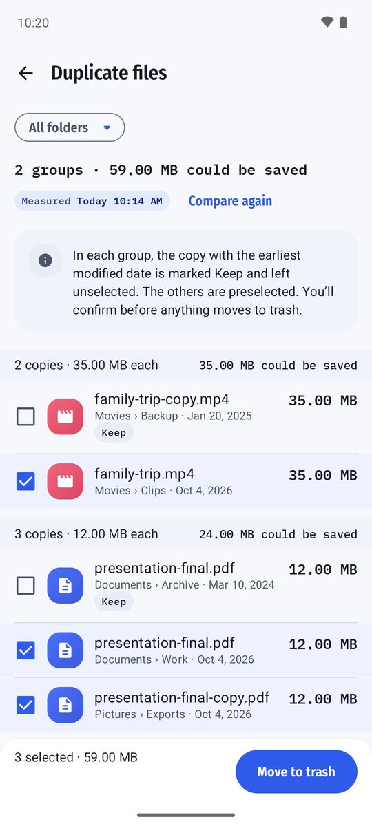 Duplicate files grouped by identical content, earliest copy marked Keep