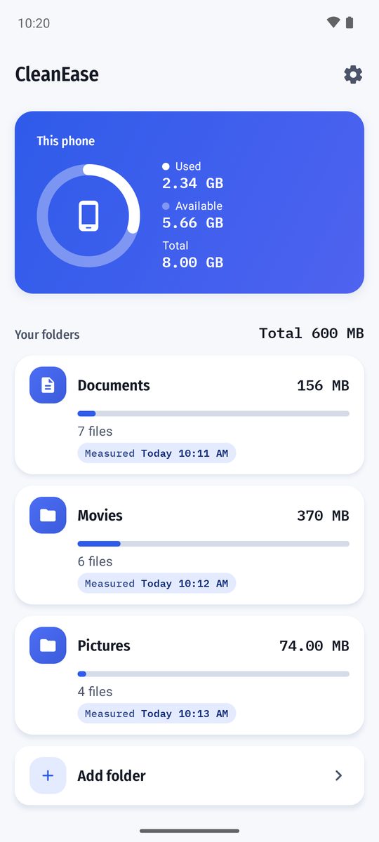 CleanEase home screen: phone storage summary and a list of the added folders with their sizes