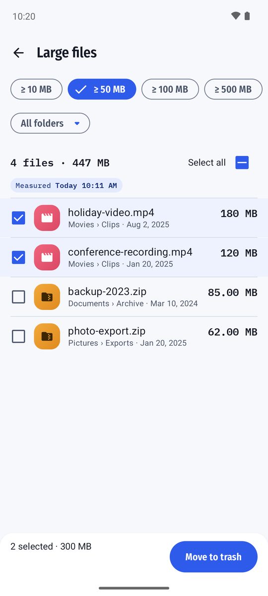 Large files list with files selected and a Move to trash button