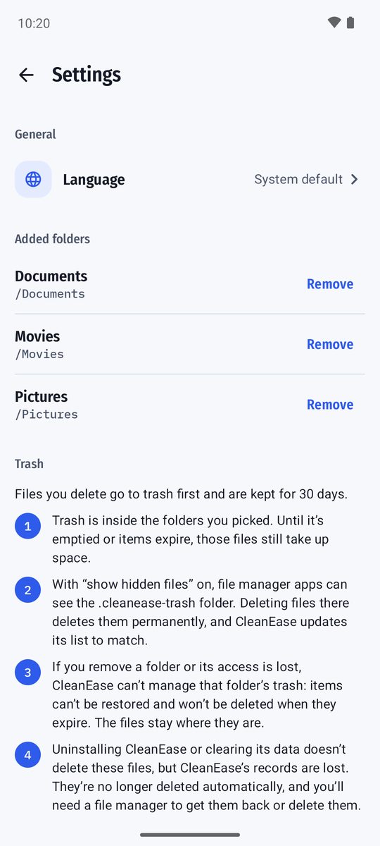 Settings: language, folders and trash notes