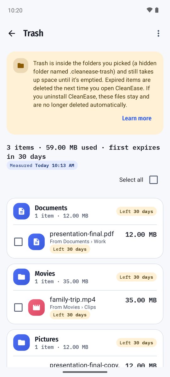 Trash screen showing where deleted files are kept and how many days are left